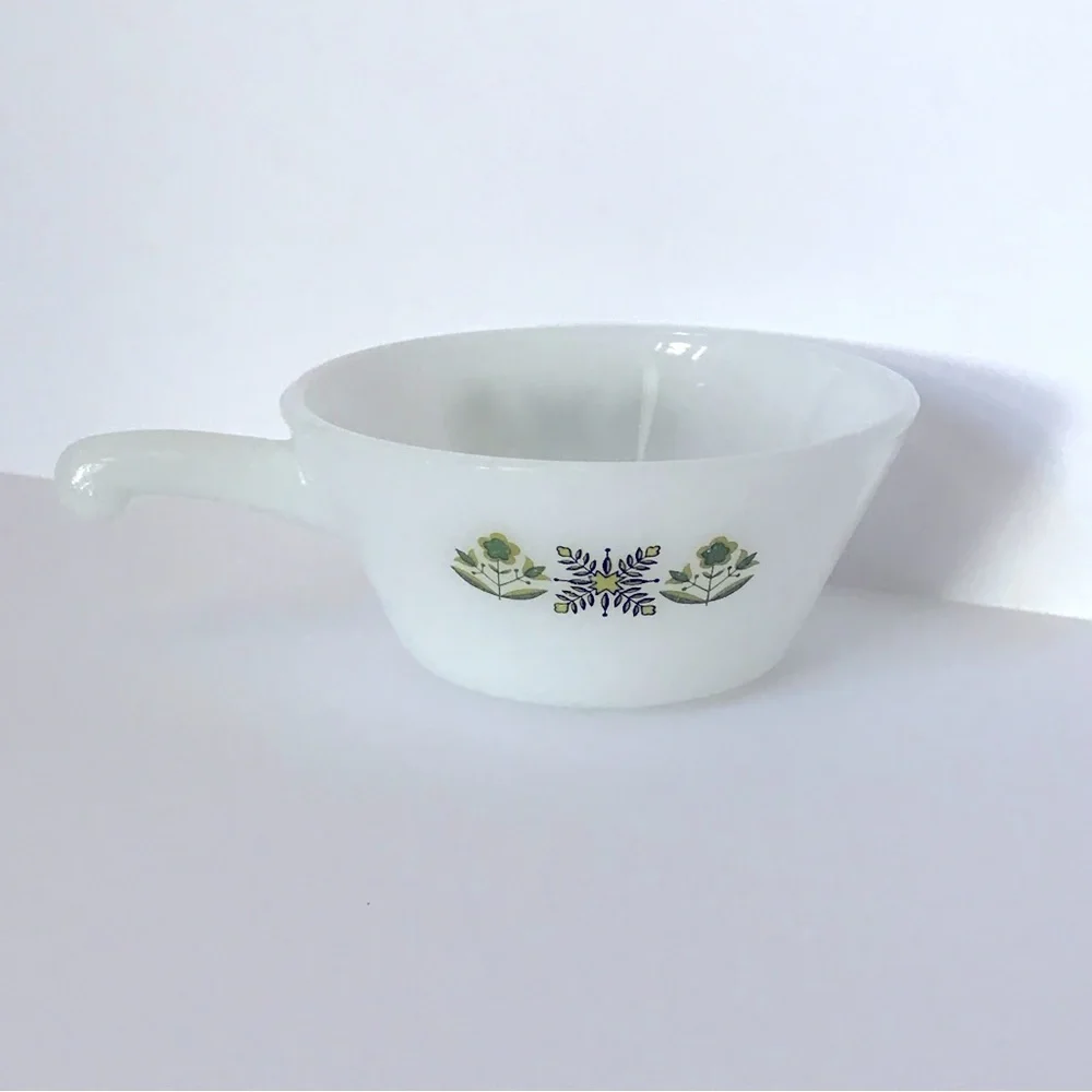 Anchor Hocking Fire King Milk Glass Meadow Green Bar Handle Soup Bowl 70s